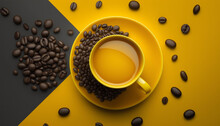 The Cup Of Coffee Is Yellow And There Are Coffee Beans Nearby. Generative AI,