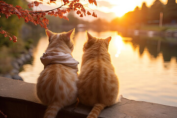 Two kittens sitting on the roof of the house and looking at the sunset