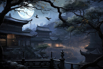 Wall Mural - Fantasy landscape with old Chinese architecture and a big full moon