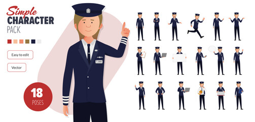 Wall Mural - Simple flat British female airline pilot vector character, in a set of multiple poses. Easy to edit and isolated on a white background. Modern trendy style character mega pack with lots of poses.