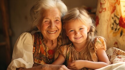 Canvas Print - A young girl and an older woman smiling at the camera, AI