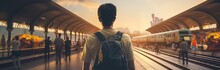 A Tourist Carries A Backpack In Spring For A Long Journey At A Train Station. Generative AI