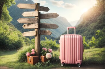 a travel suitcase beside a wooden signpost