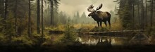 Elk With Big Horns Close-up In A Twilight Forest In The Fog Near A Lake Or River, Reflection Of The Elk In The Water, Banner