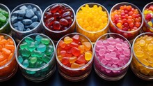  A Close Up Of Many Different Colored Candies In Plastic Cups With Gummy Bears In The Middle Of Them.