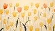  a painting of yellow and orange tulips on a white wall in a room with no one in it.