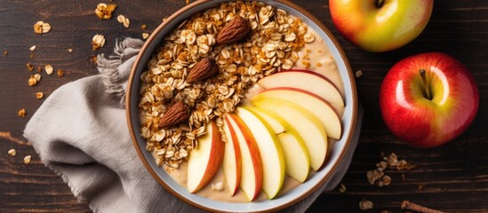 Poster - Autumn vegan recipe: Apple pie smoothie bowl, topped with granola and peanut butter. Closeup, top view.