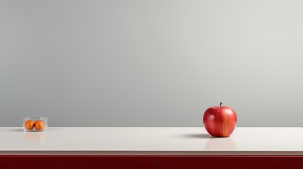 Wall Mural -  a red apple sitting on top of a white counter next to a glass of water and two oranges on top of a white counter.