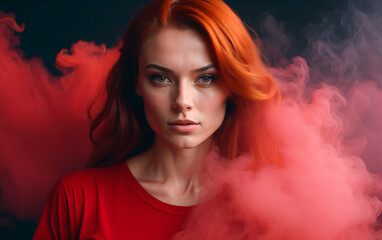 Wall Mural - Redhead model in a yellow t-shirt amidst ethereal smoke. Captivating ginger beauty wrapped in a red mist