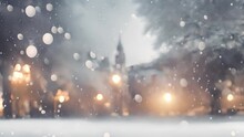 Snow Falling Landscape, Defocused Lights Evening Wintry City And Snowfall. Seamless Loop Motion Background. 4k Copy Space