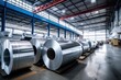 Rolls of galvanized steel sheet inside the factory or warehouse. Industrial production