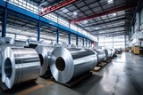 Fototapeta  - Rolls of galvanized steel sheet inside the factory or warehouse. Industrial production