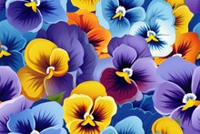 Seamless Pattern With Colorful Pansy Flowers.