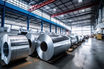 Rolls of galvanized steel sheet inside the factory or warehouse. Industrial production