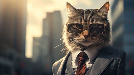 Sticker - A cat wearing a suit and tie with sunglasses on, AI