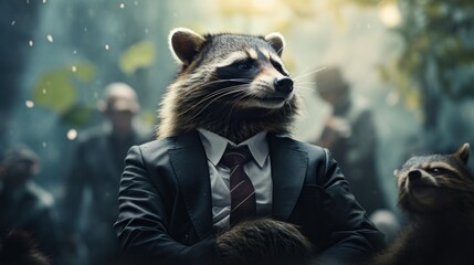 Canvas Print - A raccoon dressed in a suit and tie with other animals, AI