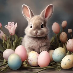 Wall Mural - easter bunny and easter eggs