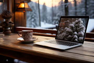 A laptop and a cup of coffee on the table with snow falling in the background. Winter, Panoramic view. AI generative