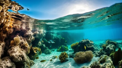 Wall Mural - A wide underwater shot of coral reefs that are both green and brown
