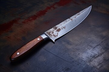 Poster - A knife with a red spot on it placed on a table. Can be used to depict a crime scene or a dangerous situation