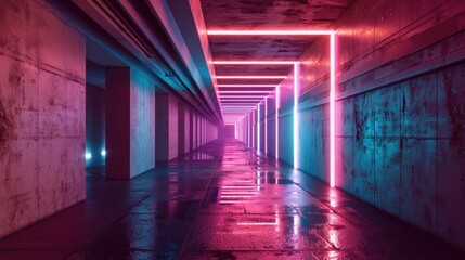 Poster - A captivating image of a long hallway illuminated by vibrant neon lights. Perfect for conveying a futuristic or mysterious atmosphere.