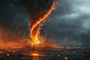 Poster - A scene depicting a tornado emerging from the ground amidst a combination of fire and water. This image can be used to represent the power of nature or as a metaphor for chaos and destruction.