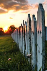 Poster - A picture of a white picket fence standing in a grassy field with a beautiful sunset in the background. Perfect for adding a touch of charm and tranquility to any project