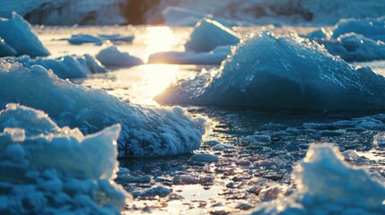 Poster - A group of icebergs sitting on top of a body of water. Perfect for nature and climate change themes