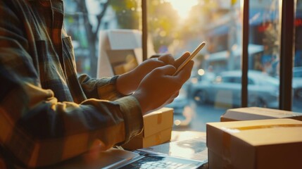 Poster - A man sitting at a table using a cell phone. Can be used to illustrate modern technology and communication