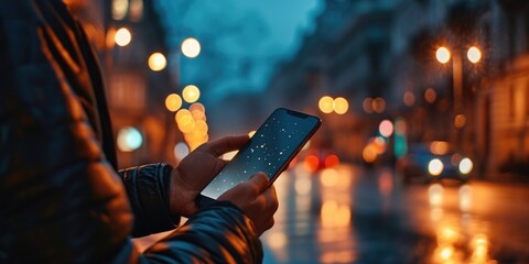 Poster - A person is seen holding a smart phone on a busy city street. This image can be used to depict technology, communication, or urban lifestyle