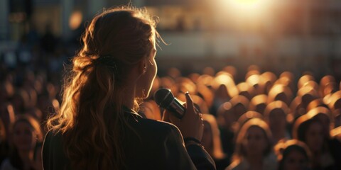 Poster - A woman confidently holds a microphone in front of a large crowd. Perfect for events, public speaking, or presentations