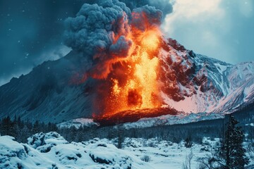 Poster - a large plume of smoke rising from a mountain. can be used to depict natural disasters, wildfires, o