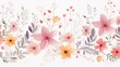 delicate and elegant floral pattern with delicate flowers and foliage. Various types of flowers in pink and orange are scattered. Green leaves .Light background