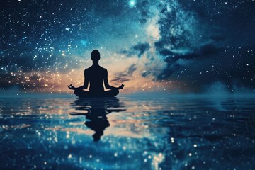 Poster - A person sitting in a lotus position in the water. Can be used for meditation and relaxation purposes