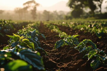 Poster - A picture of a field filled with lush green plants, with tall trees in the background. This image can be used to depict nature, agriculture, or the beauty of the outdoors