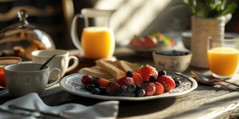 Poster - A plate of fruit and bread displayed on a table. Suitable for food and nutrition-related content