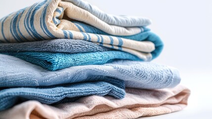 Poster - A stack of towels neatly arranged on top of each other. Perfect for adding a touch of luxury to any bathroom or spa setting