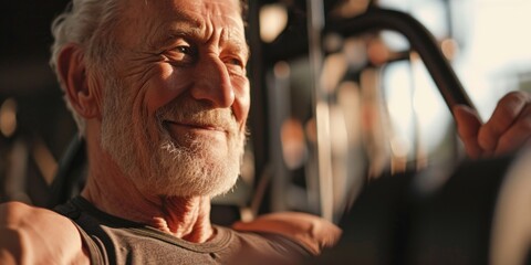 Poster - An older man is shown performing a pull-up exercise in a gym. This image can be used to depict fitness, strength, exercise, and healthy lifestyle