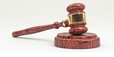 Poster - A wooden judge's gavel resting on a white surface. Suitable for legal, courtroom, and law-related themes