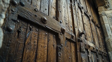 Poster - A detailed view of a wooden door with nails, suitable for architectural or construction themes