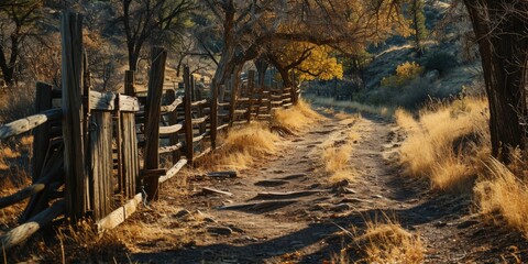 Poster - A picture of a dirt path with a wooden fence running through the middle. Suitable for nature, countryside, or outdoor concepts