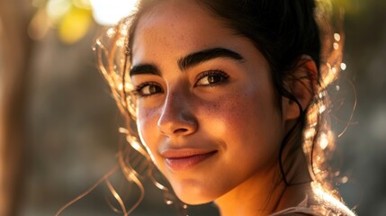 Poster - A close up shot of a young woman with freckles on her face. This image can be used for various purposes