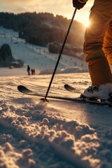 Canvas Print - A person standing on skis in the snow. Suitable for winter sports and outdoor activities