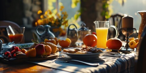 Poster - A picture of a table with a plate of fruit and a pitcher of orange juice. Perfect for showcasing a healthy breakfast or brunch.