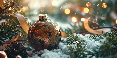 Poster - A detailed close-up of a Christmas ornament resting in the snow. Perfect for holiday-themed designs and winter decorations