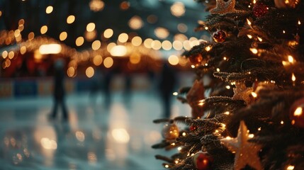 Aufkleber - A festive Christmas tree with twinkling lights and people walking in the background. Perfect for holiday-themed designs and advertisements