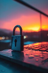 Aufkleber - A laptop computer with a padlock sitting on top. Perfect for illustrating cybersecurity, data protection, or online privacy.