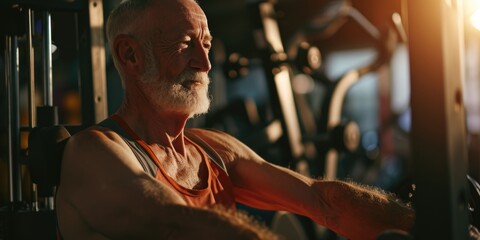 Poster - An older man sitting in a gym. Suitable for fitness and active lifestyle themes