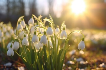 Poster - A beautiful bunch of snowdrops in a field, illuminated by the warm colors of the sunset. Perfect for nature-themed designs and springtime concepts