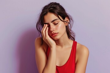 Poster - A woman wearing a red tank top is seen holding her hand to her face. This versatile image can be used to convey emotions such as surprise, shock, or contemplation